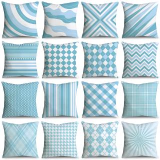 Vỏ gối vuông polyester 2 mặt in họa tiết kẻ sọc màu xanh lam trang trí sofa/xe hơi