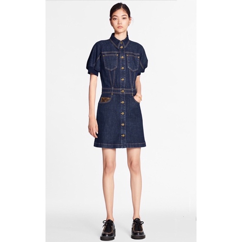 đầm denim ngắn tay, màu xanh đậm Áo nịt ngực đơn ngực mới louis vuitton LV