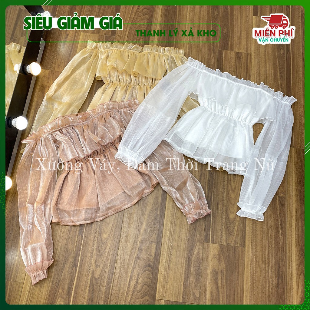 ✅ Cam Kết Ảnh Thật 100%✅ 🎯🎯  Áo Tơ Nhũ trễ vai tay bồng dài siêu sang chảnh, Áo croptop trễ vai Hot 2021 🌸