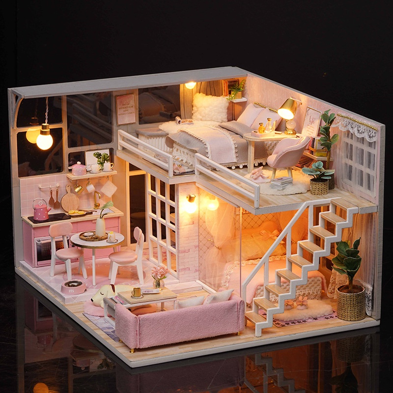 Mô hình nhà búp bê DIY Doll House Miniature_ Girlish Dream _Tặng TẤM CHE BỤI + KEO