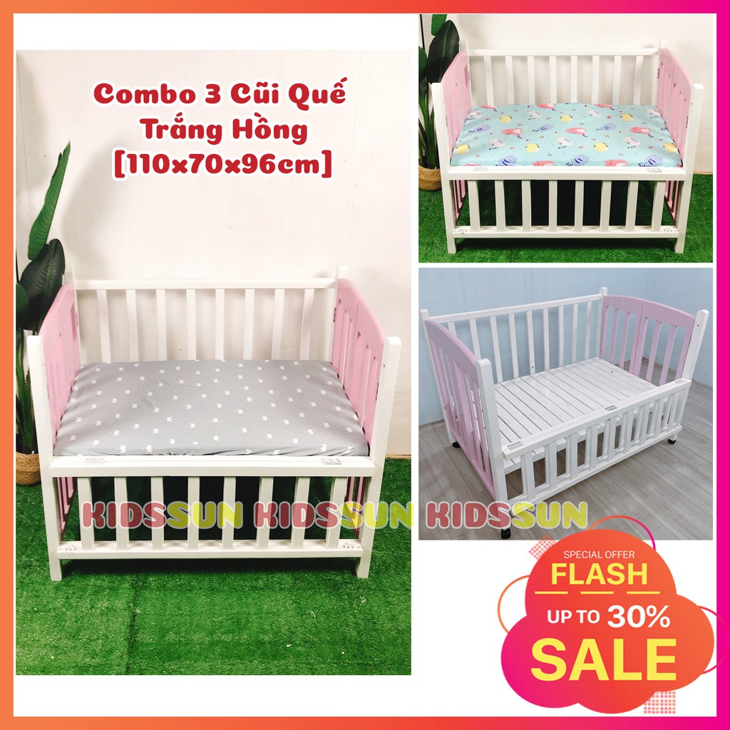 [Combo 3] Cũi Cho Bé Giường Cũi Trẻ Em Trắng Hồng Chất Liệu Gỗ Quế Kích Thước [110x70x96] Kèm Bánh Xe Bảo Hành 24 Tháng