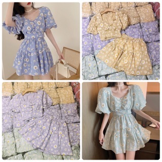 Set áo hoa tay phồng chân váy pli