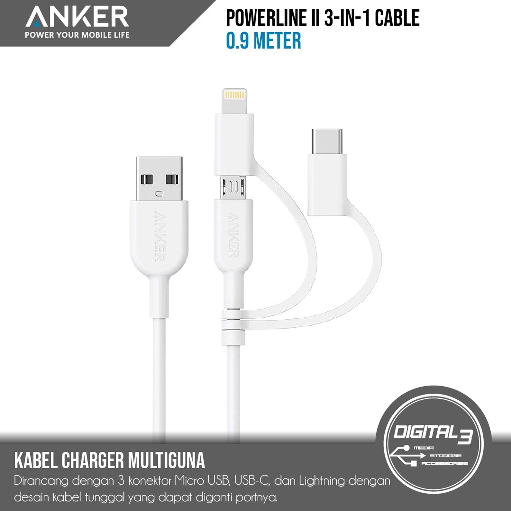 Dây Cáp Sạc Anker A8436 Powerline Ii 3 Trong 1 Cổng Micro-usb Và Type C Cho Iphone Samsung