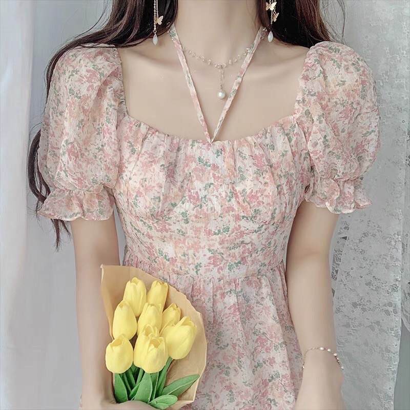 Đầm hoa nhí hồng babydoll dáng váy xoè thắt dây hình thật cuối
