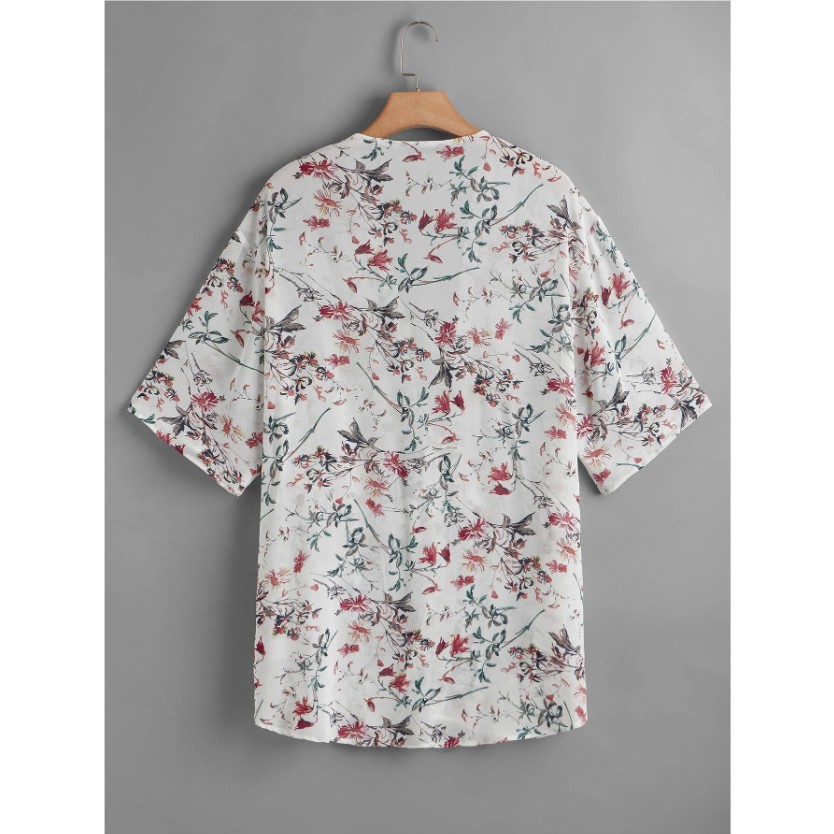 ÁO KIMONO ĐI BIỂN MÀU TRẮNG HOA TAY NGẮN THẮT NƠ PHÍA TRƯỚC 70-110KG-A128