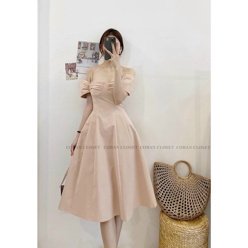 ĐẦM NƠ RỚT VAI TRẮNG KEM ĐEN