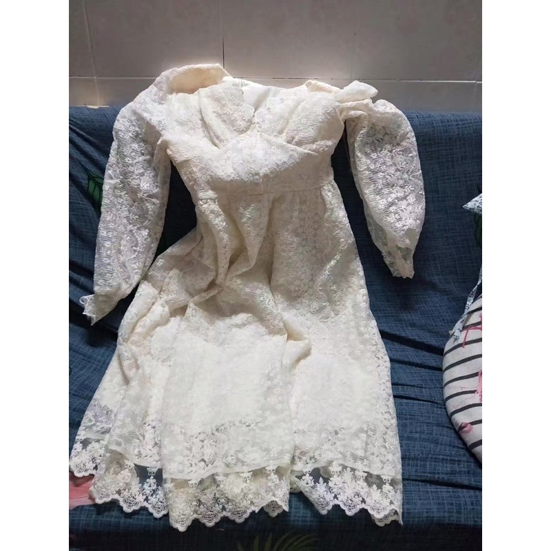 Váy ren cổ v dáng dài vintage / váy ren tiểu thư