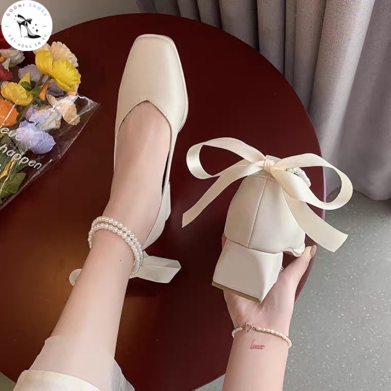 Giày búp bê mũi vuông quai ngọc mix dây thắt nơ phong cách tiểu thư thời trang