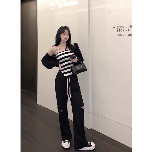 set áo len dệt kim kiểu sọc kẻ ngang phối khoác lửng (3290#)