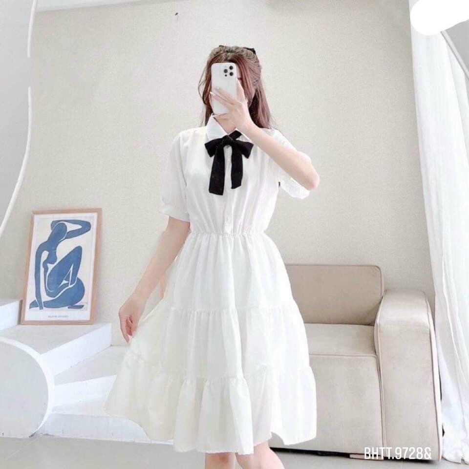 Đầm BabyDoll Nữ Cộc Tay Nơ Buộc Nơ 🦋 Váy Nữ Dáng Xòe 3 Tầng Trơn Ngắn Tay 2 Màu 🦋