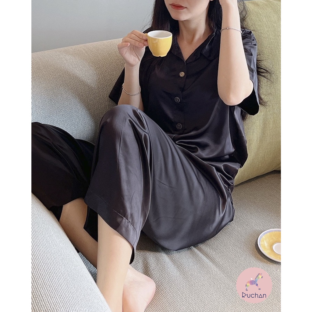 Bộ đồ ngủ nữ pyjama lụa sang chảnh RUCHAN kiểu set áo tay ngắn quần ngắn dễ thương nhiều màu