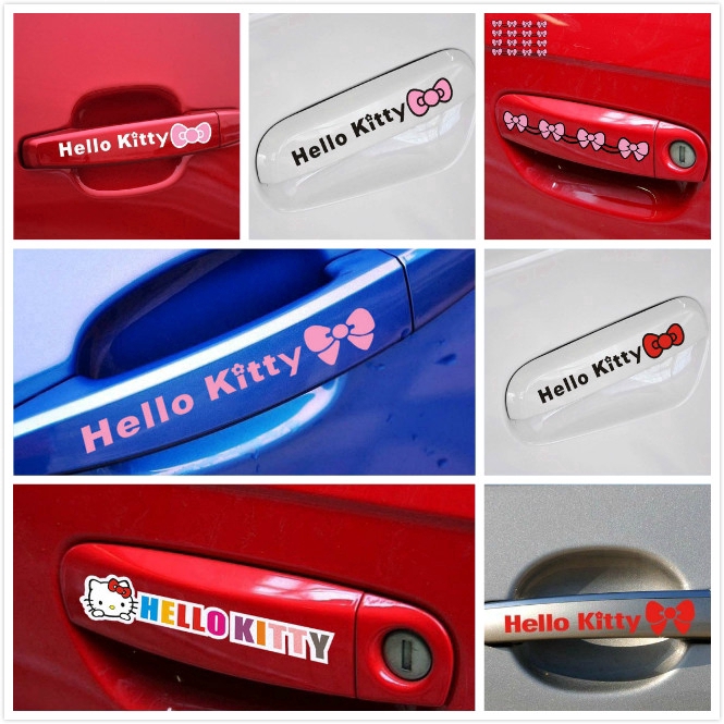 Bộ 4 Miếng Dán Trang Trí Tay Nắm Cửa Xe Hơi Honda Toyota Ford Hình Hello Kitty