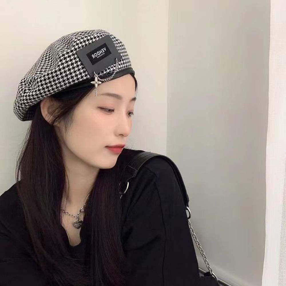 Mũ Beret Da Phối Dây Xích Phong Cách Anh Quốc Thời Trang Thu Đông Cho Nữ