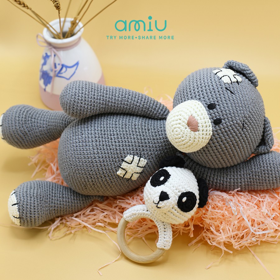 Gấu bông móc len Amigurumi cao cấp Amiu Việt Nam - Gấu vá xanh ghi đá handmade - SP000371