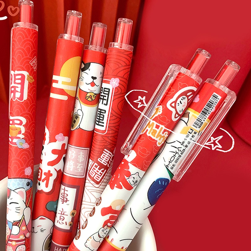 Set 6 Bút Mực Đen Ngòi 0.5mm Hình Mèo May Mắn