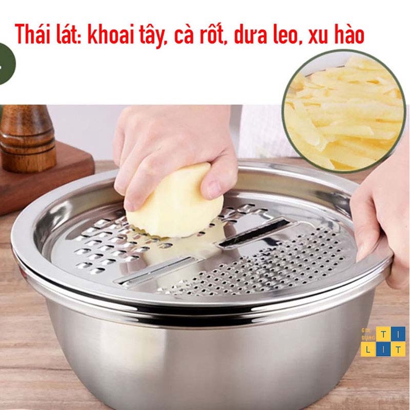 Bộ rổ và chậu inox kèm mâm nạo và gọt vỏ rau, củ, quả 3 trong 1 đa năng, tiện dụng, tiết kiệm [RỔ 3]