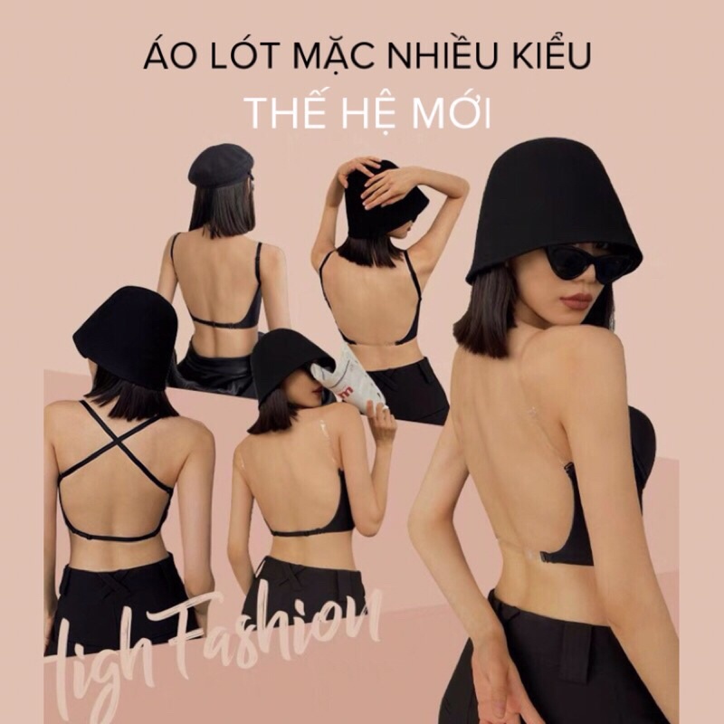Áo ngực hở lưng mặc nhiều kiểu đa năng - Áo lót không dây khoét ngực sâu nâng đẩy tạo khe hiệu quả màu trắng đen da