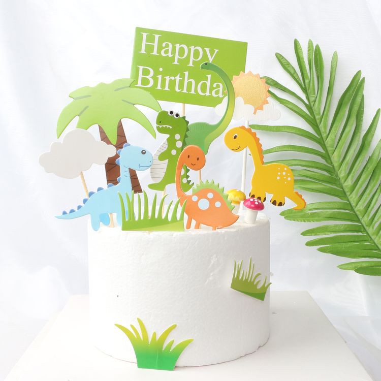 Phụ kiện trang trí bánh sinh nhật_Set que HPBD khủng long + cây dừa