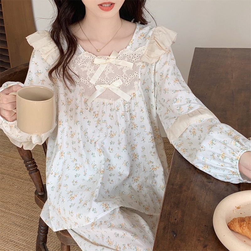Đồ Ngủ Style Hàn Quốc Hoa Nhí- Đồ Bộ Nữ Mặc Nhà Tiểu Thư Tay Phồng Công Chúa Ulzzang