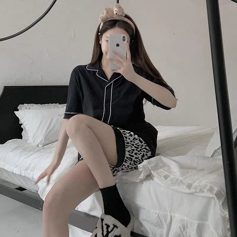 Bộ Đồ Ngủ Ngắn Tay In Họa Tiết Da Báo Thời Trang Mùa Hè Cho Nữ