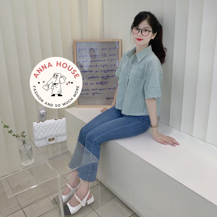 Áo sơ mi nữ cổ đức tay ngắn dáng croptop form rộng chất đũi xước 2 túi dài, áo sơ mi nữ cộc tay gập dáng ngắn croptop