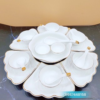 Bộ đĩa hoa mặt trời men trắng viền chỉ vàng