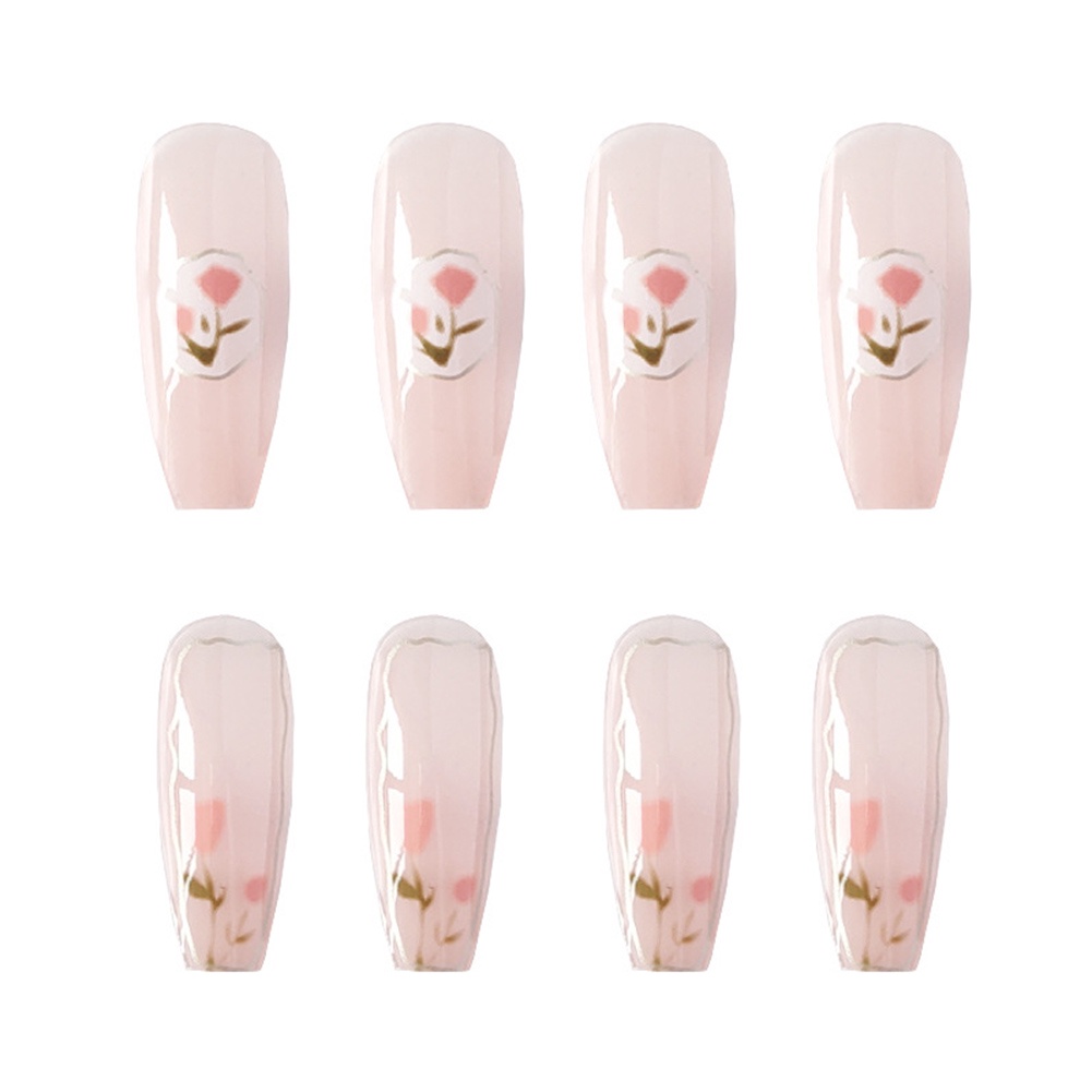 YADORNOS Set 24 móng tay giả YADORNOS họa tiết hoa tulip hồng bao phủ toàn diện