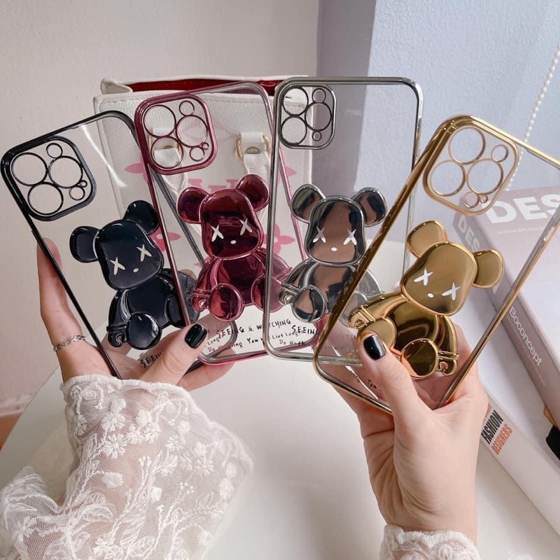 ốp lưng IPHONE BEARBRICK NỔI cạnh vuông kaws màu đen trắng tím hồng vàng full bạc