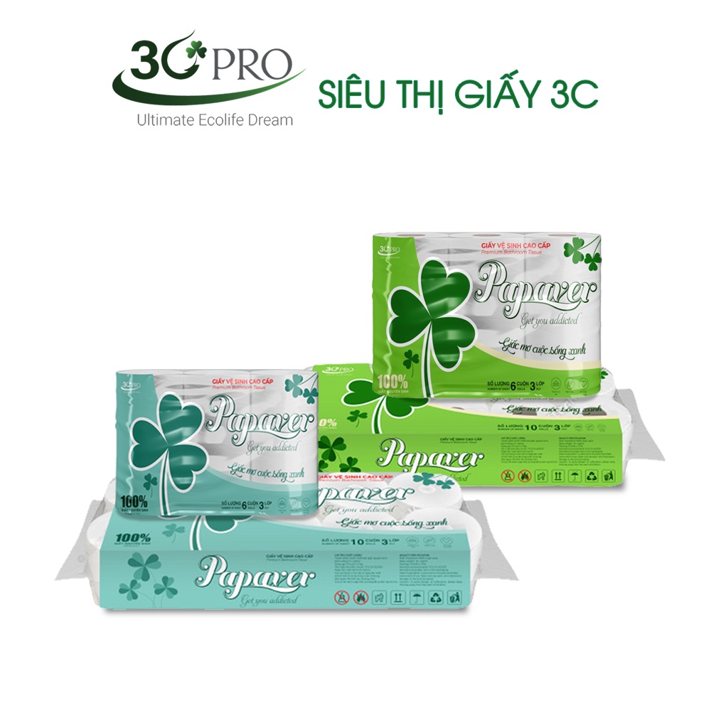 Giấy vệ sinh cao cấp Papaver 3 lớp siêu mềm, siêu dai, 100% bột giấy nguyên sinh