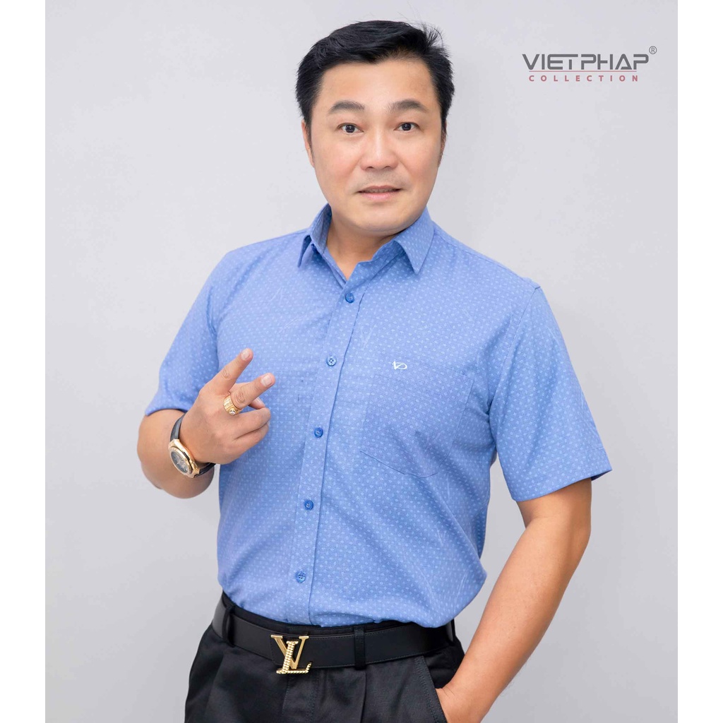 Áo Sơ Mi Nam Tay Ngắn Vạt Ngang Chấm Bi Cao Cấp Bamboo 9402 Việt Pháp. Thấm Hút Mồ Hôi, Chống Tia UV