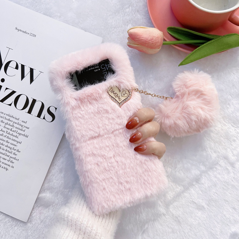 Bao Da Điện Thoại Gắn Hình Trái Tim 3d Bằng Vải Lông Xù Êm Ái Ấm Áp Cho samsung z flip 3 flip4 galaxy Zflip