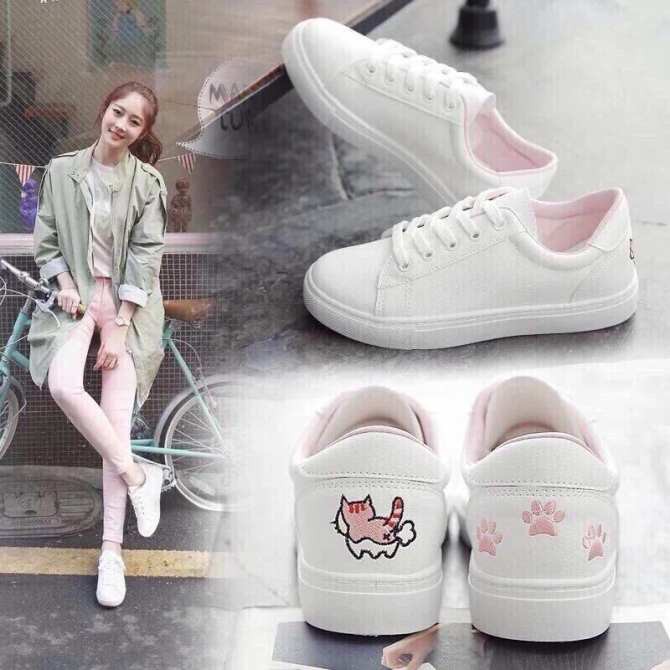 Giày Nữ Giày Sneaker Nữ Thêu Mèo Gót Sau Dễ Thương (Hồng, Xanh, Đen)