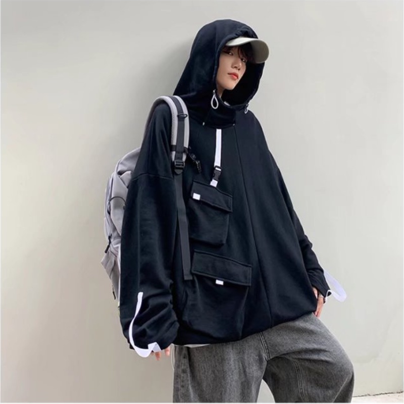Áo khoác hoodie dáng rộng có nhiều túi đựng tay dài phong cách mùa thu cho nam nữ