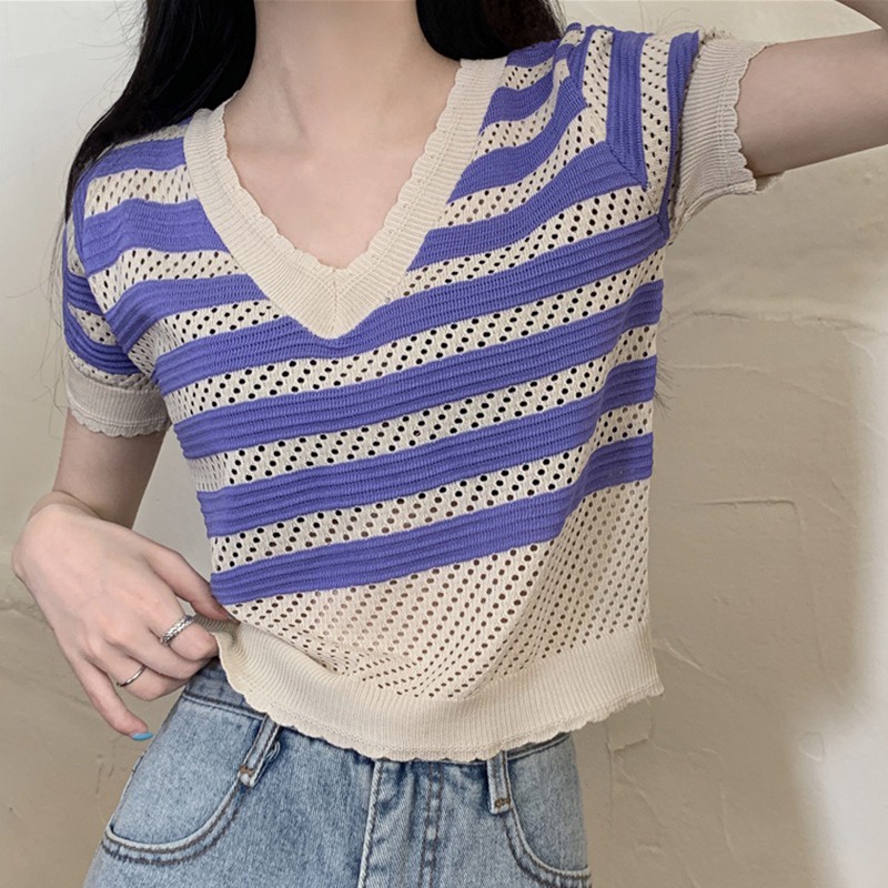 Áo Thun Tay Ngắn Cổ Chữ V Phong Cách Hàn Quốc Cho Nữ