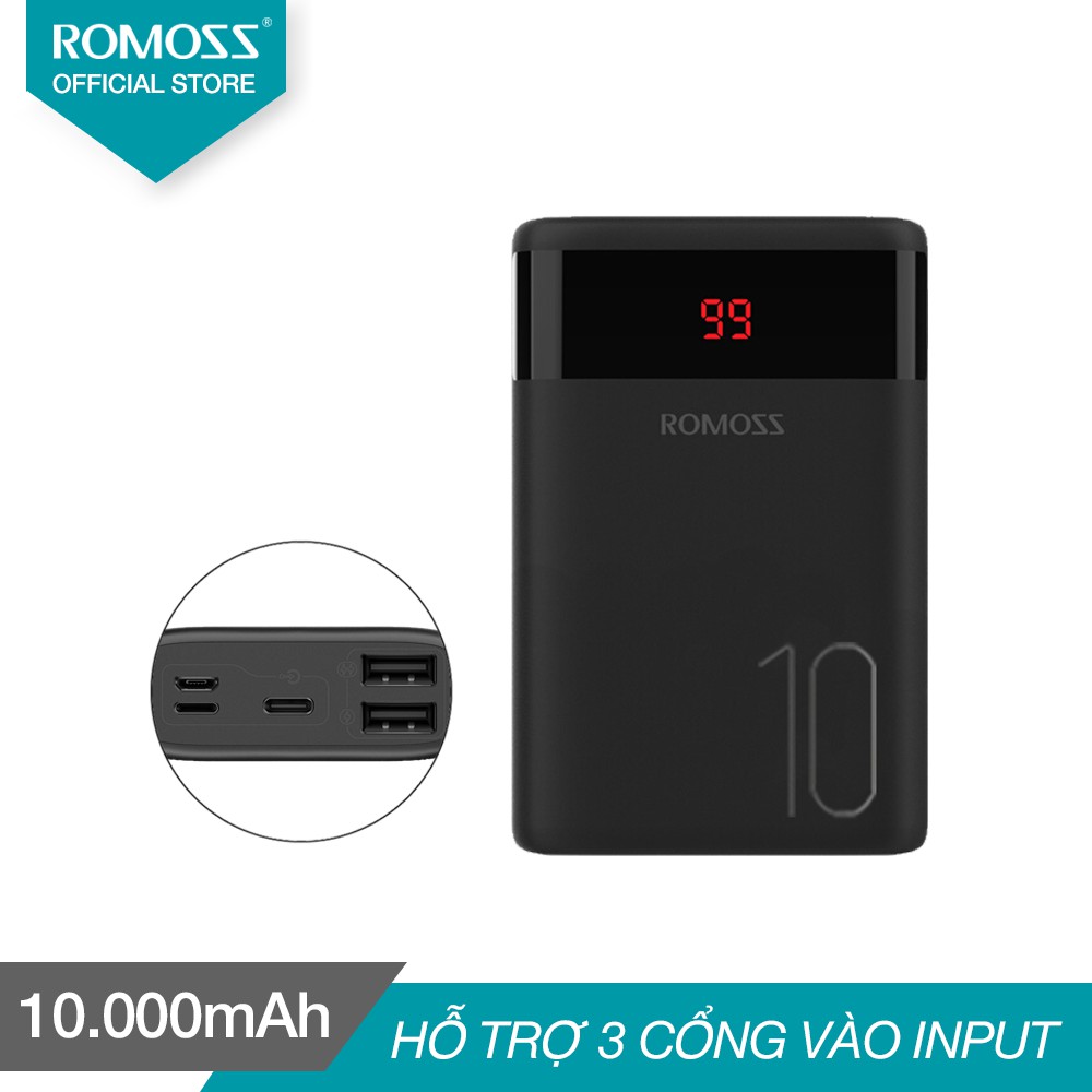 Pin sạc dự phòng Romoss Ares 10 10.000mAh LED 3 cổng input Micro - Lightning - Type C - Hãng phân phối chính thức