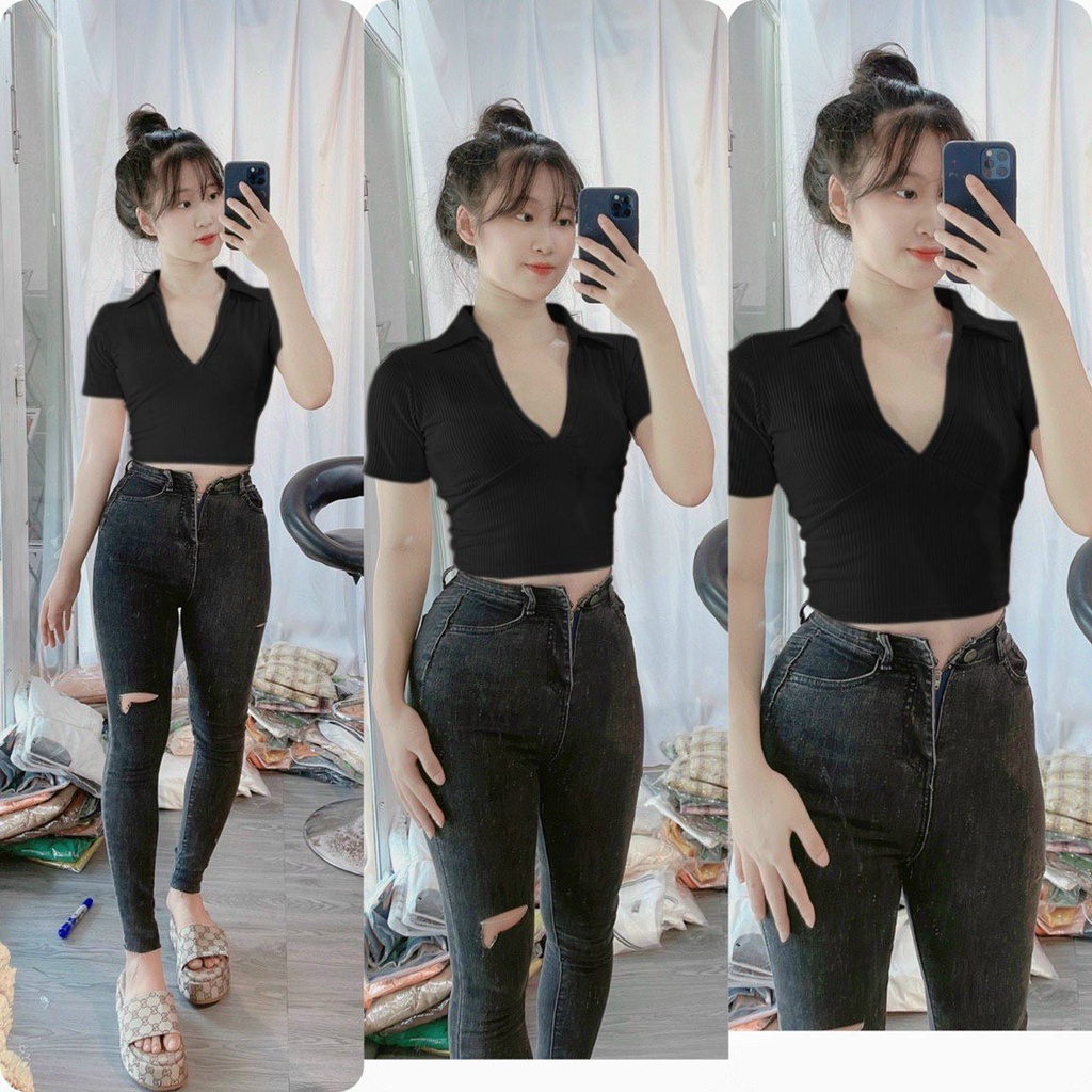 Áo kiểu croptop tay ngắn cổ bẻ V cổ trơn cực xinh , chất thun gân mềm mịn ly