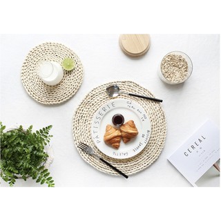 Lót ly trang trí chụp ảnh dáng tròn đan bằng sợi lục bình,vải ren