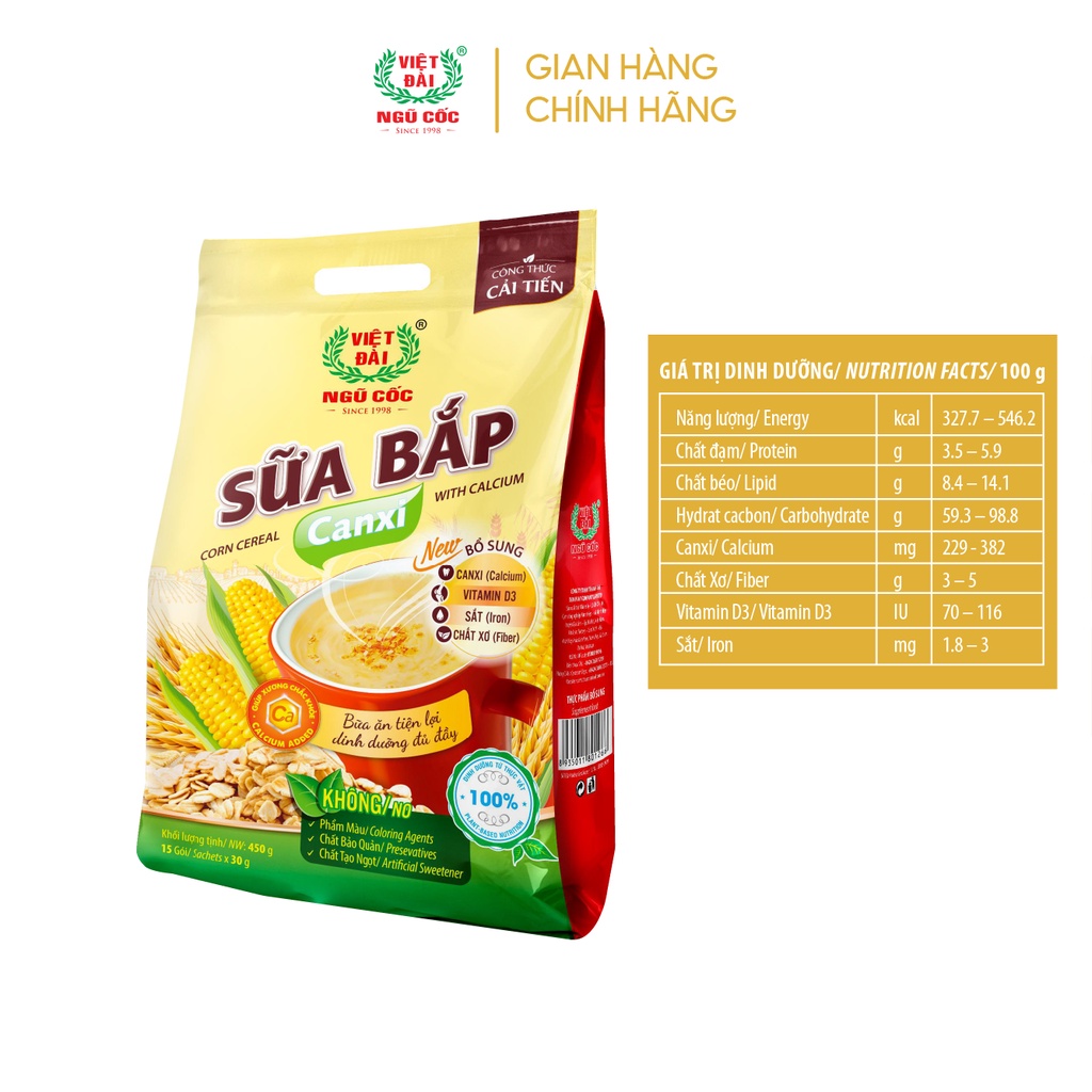 Bột ngũ cốc Sữa bắp Canxi Việt Đài túi 450g