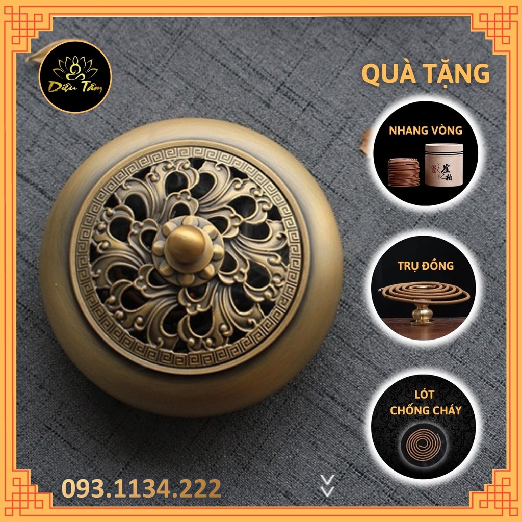 Lư đồng xông trầm hoạ tiết cổ điển đồng nguyên chất xông trầm điện tặng kèm nhang vòng/ nụ trầm