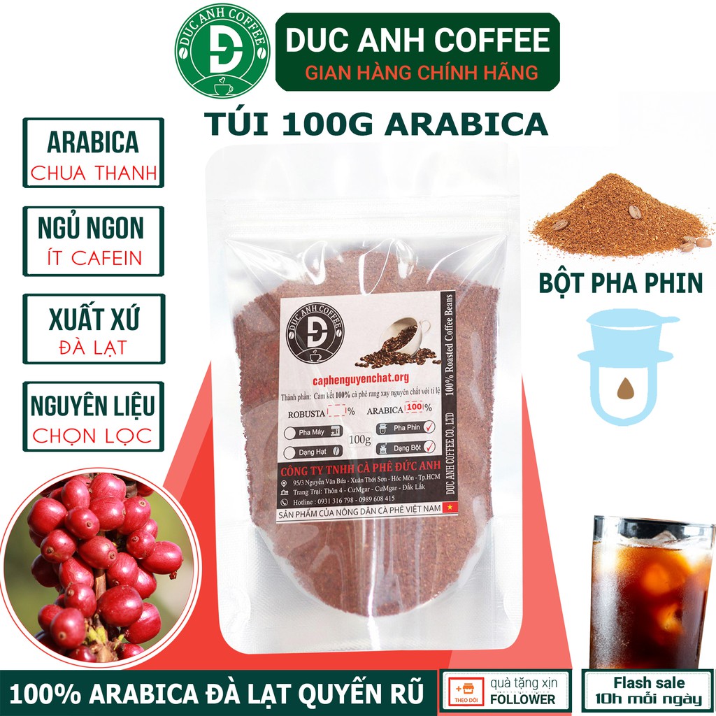 Cà phê Arabica rang mộc nguyên chất, gói 100g - DUC ANH COFFEE gói 100g - cafe ngủ ngon, chua thanh pha phin, pha máy