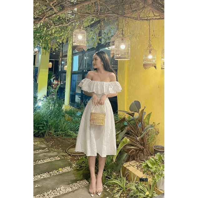 Đầm Dáng Xòe Trễ Vai Mặc Được 2 Kiểu Chất Lụa Có Mút Mặc Đẹp Dáng Xinh [NEW UNISEX]