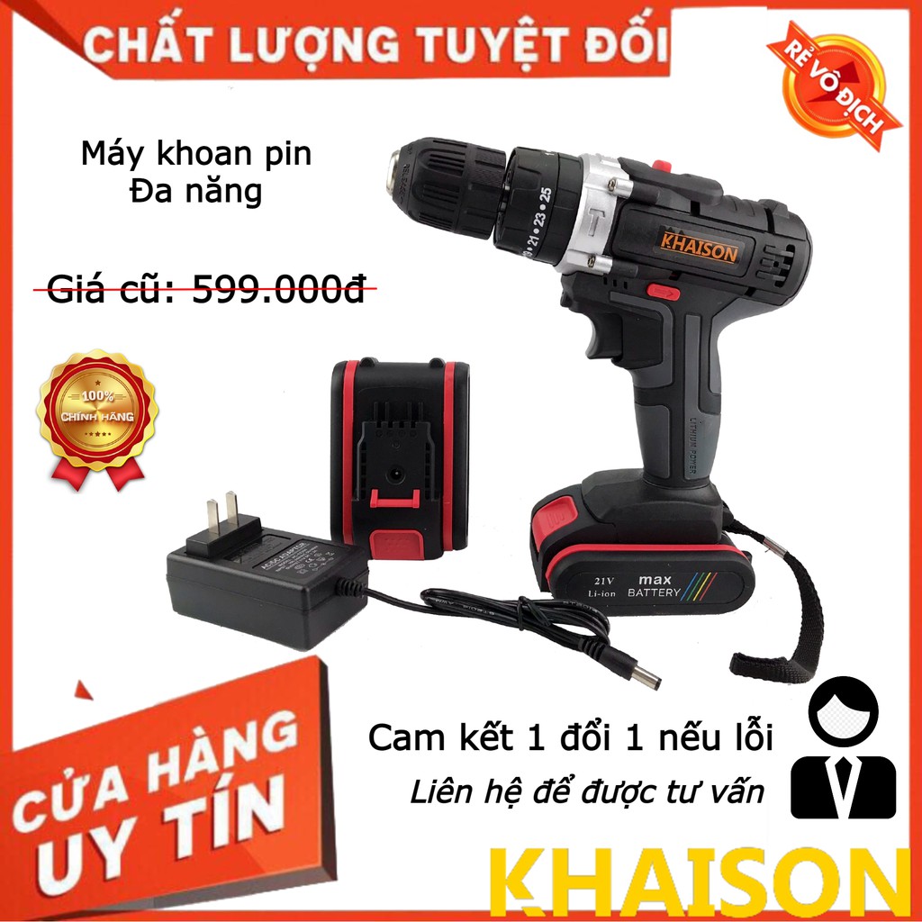 Máy khoan pin, máy bắt vít dùng pin có búa chính hãng Khaison màu đen tặng mũi khoan