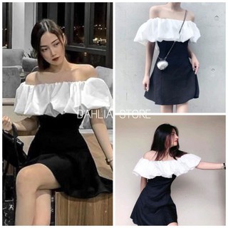 Váy Trễ Vai Phối Rập Trắng Bánh Bèo Nữ [FREESHIP] 🌸 Đầm body chữ A đen hở vai, tay bồng tiểu thư bánh bèo Ulzzang HOT 🌸