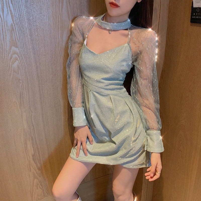 Váy Body Tay Voan Vắt Eo Sexy Lấp Lánh Hàng Quảng Châu Cao Cấp