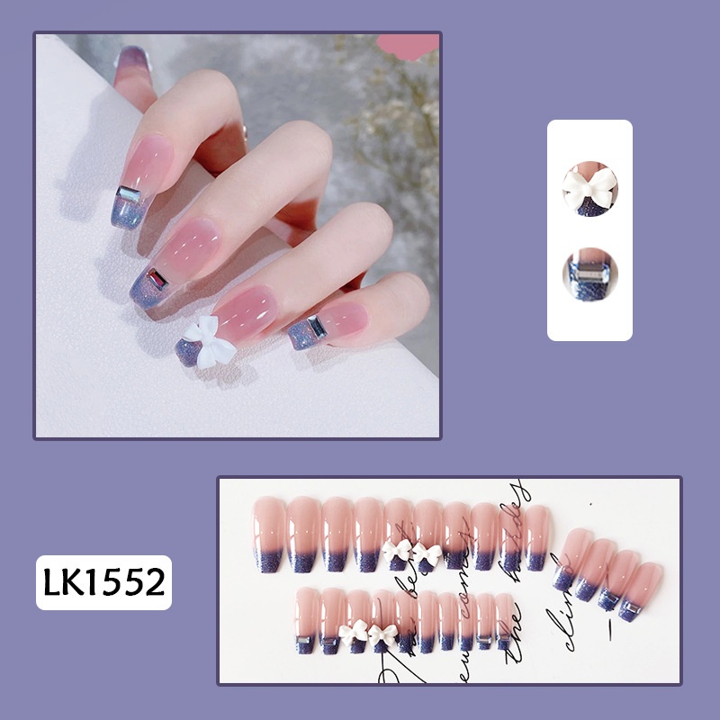 Bộ 24 Móng Tay Giả Trái Tim Đính Nơ Thời Trang Kèm Keo Dán