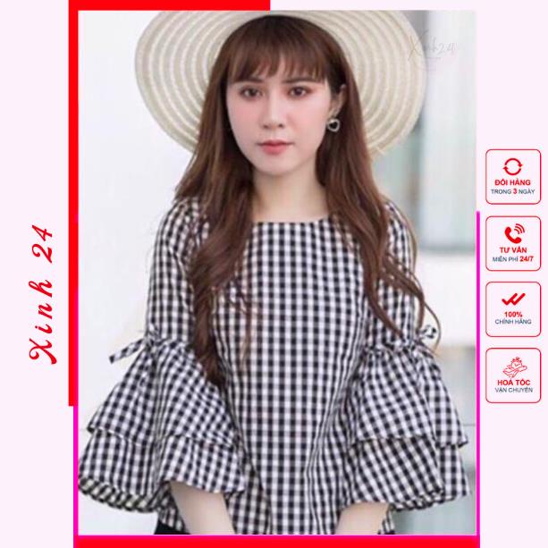 Áo sơ mi nữ, áo kiểu nữ sọc caro tay loe phong cách Hàn Quốc, hàng thiết kế chuẩn Form | BigBuy360 - bigbuy360.vn