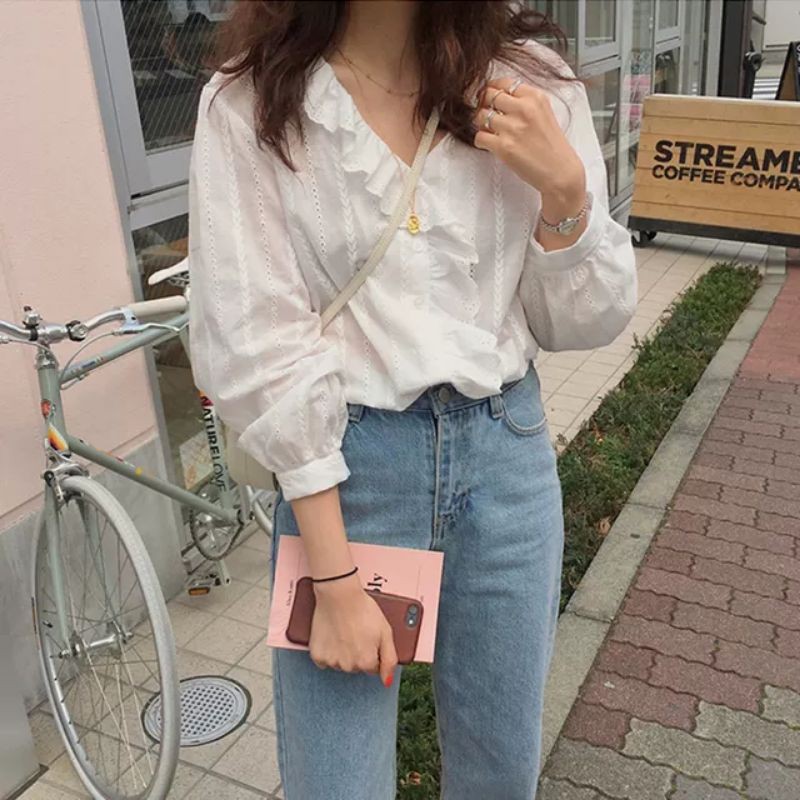 áo sơ mi cổ v bèo lệch vintage ảnh thật