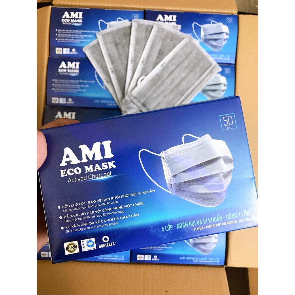 Khẩu Trang Y Tế AMI Mầu XÁM THAN HOẠT TÍNH -Hộp 50 chiếc - 4 lớp kháng khuẩn . Có Giấy Kiểm Định Của Bộ YTẾ