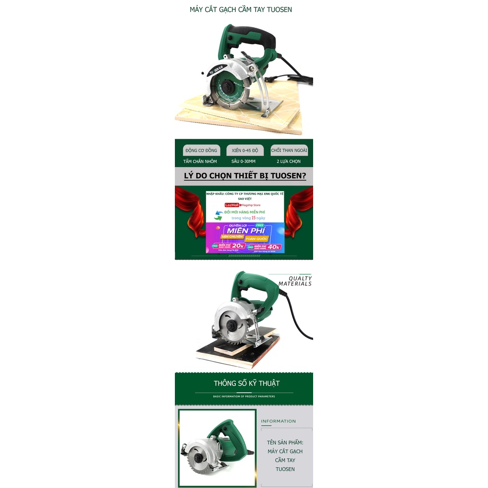 Máy cắt gạch cầm tay TUOSEN 1200W và 1400W (chuyên cắt sắt, cắt nhôm, cắt gạch, mài góc, cắt đá hoa cương)