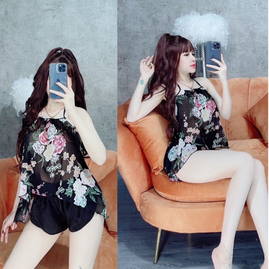 Đồ ngủ nữ❣️FREE SHIP❣️Đồ ngủ sexy lụa Chiffon phối Satin cao cấp mềm mại xinh xắn < 65KG